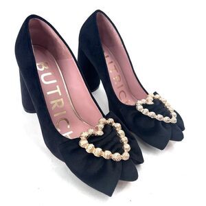 Jessica Butrich Black Velvet Block Heel Pumps with Gold Heart & Bow